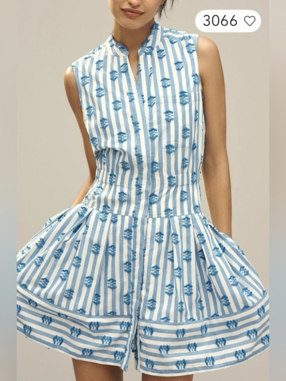 Anthropologie Sleeveless V-Neck Fit & Flare Shirtdress in Blue & White Clip